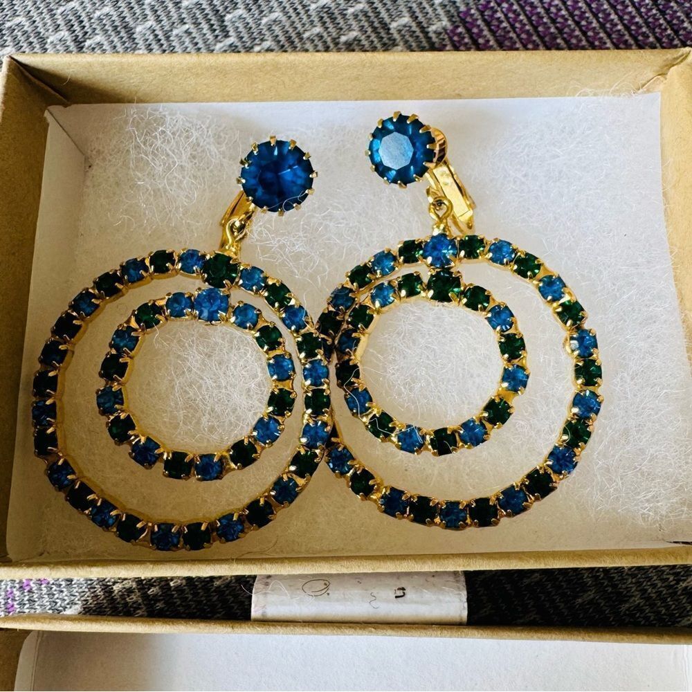 Vintage Green Blue Rhinestone GoldTone Double Hoop Dangle Earrings Clip On